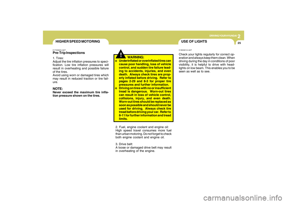 HYUNDAI TUCSON 2009  Owners Manual 2
DRIVING YOUR HYUNDAI
25
!
HIGHER SPEED MOTORINGC170A02A-AATPre-Trip Inspections1. Tires:
Adjust the tire inflation pressures to speci-
fication. Low tire inflation pressures will
result in overheati
