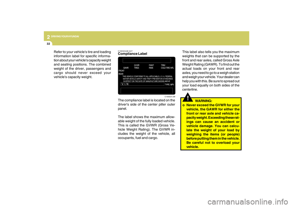 HYUNDAI TUCSON 2009  Owners Manual 2
DRIVING YOUR HYUNDAI
32
C190G03JM-AATCompliance Label
The compliance label is located on the
drivers side of the center piller outer
panel.
The label shows the maximum allow-
able weight of the ful