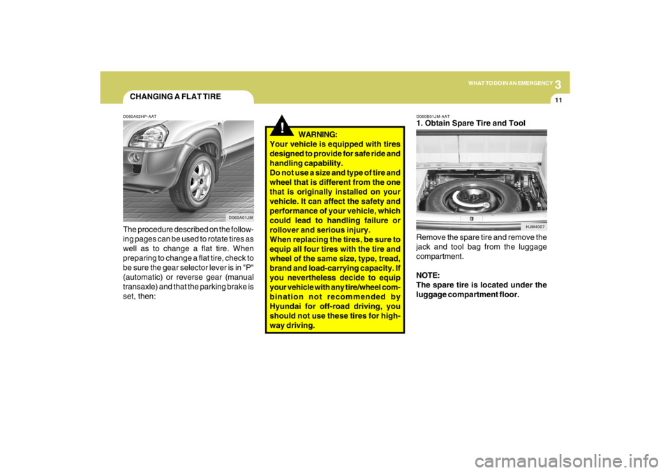 HYUNDAI TUCSON 2009  Owners Manual 3
WHAT TO DO IN AN EMERGENCY
11
CHANGING A FLAT TIRED060A02HP-AATThe procedure described on the follow-
ing pages can be used to rotate tires as
well as to change a flat tire. When
preparing to change