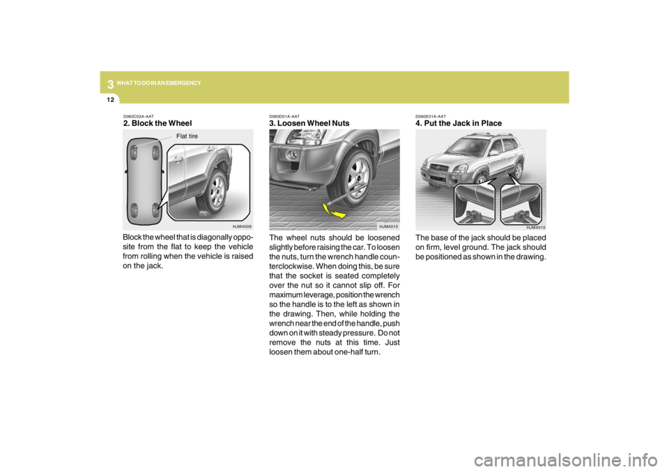 HYUNDAI TUCSON 2009  Owners Manual 312
WHAT TO DO IN AN EMERGENCY
D060E01A-AAT4. Put the Jack in Place
The base of the jack should be placed
on firm, level ground. The jack should
be positioned as shown in the drawing.
HJM4010 D060D01A