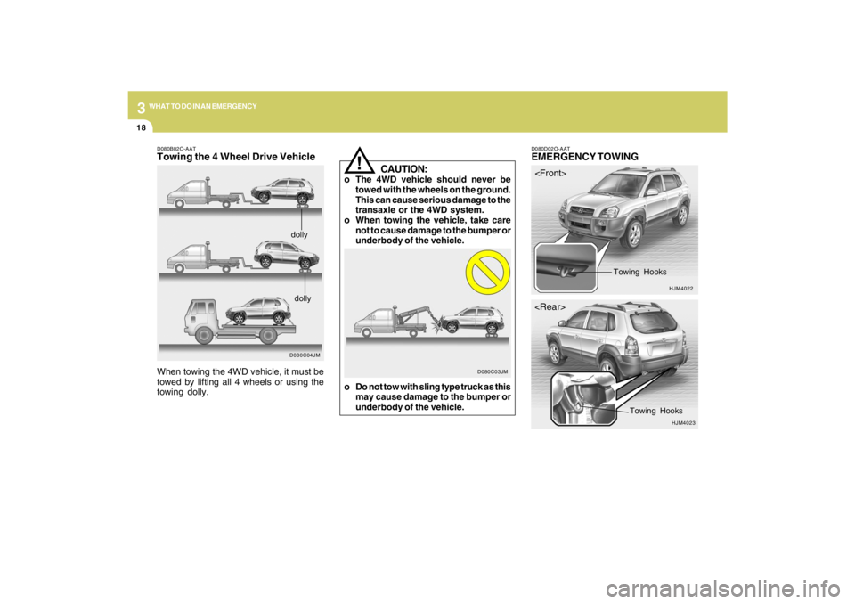 HYUNDAI TUCSON 2009  Owners Manual 318
WHAT TO DO IN AN EMERGENCY
D080D02O-AATEMERGENCY TOWING
HJM4022
HJM4023
<Front>
<Rear>
Towing Hooks
Towing Hooks
D080B02O-AATTowing the 4 Wheel Drive Vehicle
D080C04JMdollydolly
When towing the 4W
