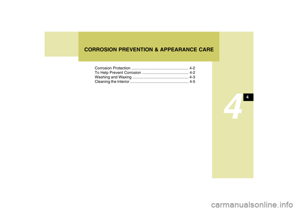 HYUNDAI TUCSON 2009  Owners Manual 4
Corrosion Protection ..................................................... 4-2
To Help Prevent Corrosion ........................................... 4-2
Washing and Waxing ..........................