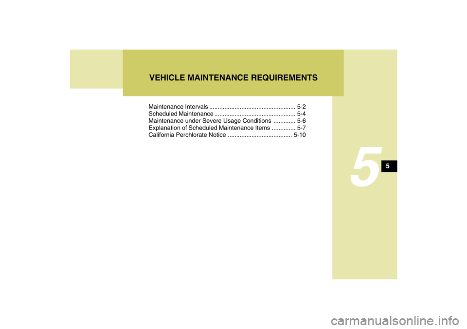 HYUNDAI TUCSON 2009 Owners Manual 5
Maintenance Intervals ................................................... 5-2
Scheduled Maintenance ................................................ 5-4
Maintenance under Severe Usage Conditions ... HYUNDAI TUCSON 2009 Owners Manual 5
Maintenance Intervals ................................................... 5-2
Scheduled Maintenance ................................................ 5-4
Maintenance under Severe Usage Conditions ...