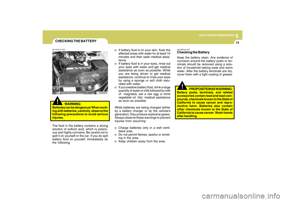 HYUNDAI TUCSON 2009  Owners Manual 6
DO-IT-YOURSELF MAINTENANCE
23
CHECKING THE BATTERY!
G210A01A-AAT
WARNING:
Batteries can be dangerous! When work-
ing with batteries, carefully  observe the
following precautions to avoid serious
inj
