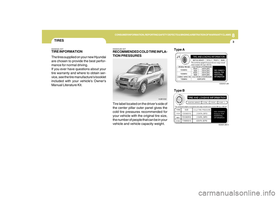HYUNDAI TUCSON 2009 Owners Manual 8
CONSUMER INFORMATION, REPORTING SAFETY DEFECTS & BINDING ARBITRATION OF WARRANTY CLAIMS
3
TIRES
I030A03JM-AATRECOMMENDED COLD TIRE INFLA-
TION PRESSURES
I020A02A-AATTIRE INFORMATION
The tires suppli HYUNDAI TUCSON 2009 Owners Manual 8
CONSUMER INFORMATION, REPORTING SAFETY DEFECTS & BINDING ARBITRATION OF WARRANTY CLAIMS
3
TIRES
I030A03JM-AATRECOMMENDED COLD TIRE INFLA-
TION PRESSURES
I020A02A-AATTIRE INFORMATION
The tires suppli