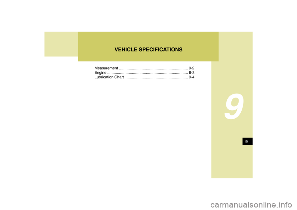 HYUNDAI TUCSON 2009 Owners Manual 9
Measurement ................................................................ 9-2
Engine...........................................................................9-3
Lubrication Chart .............. HYUNDAI TUCSON 2009 Owners Manual 9
Measurement ................................................................ 9-2
Engine...........................................................................9-3
Lubrication Chart ..............