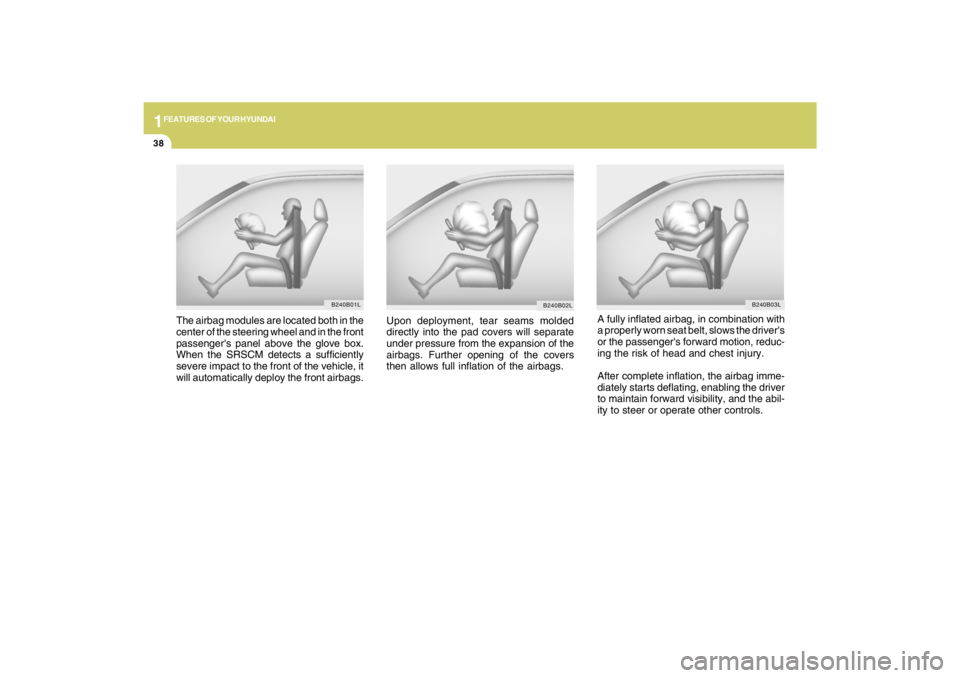 HYUNDAI TUCSON 2009 Service Manual 1FEATURES OF YOUR HYUNDAI38
A fully inflated airbag, in combination with
a properly worn seat belt, slows the drivers
or the passengers forward motion, reduc-
ing the risk of head and chest injury.
