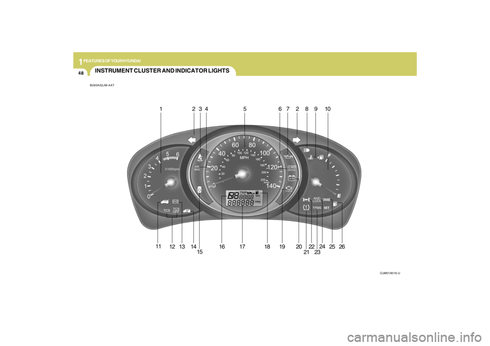 HYUNDAI TUCSON 2009 Workshop Manual 1FEATURES OF YOUR HYUNDAI48
INSTRUMENT CLUSTER AND INDICATOR LIGHTSB260A02JM-AAT
OJM019016-U
1 234 5 67289 10
11
12
13
14
1516 17 18 19 20
2122
2324
2526 HYUNDAI TUCSON 2009 Workshop Manual 1FEATURES OF YOUR HYUNDAI48
INSTRUMENT CLUSTER AND INDICATOR LIGHTSB260A02JM-AAT
OJM019016-U
1 234 5 67289 10
11
12
13
14
1516 17 18 19 20
2122
2324
2526