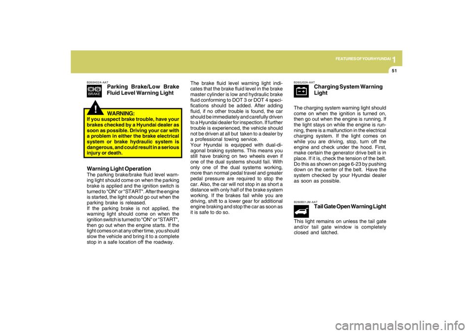 HYUNDAI TUCSON 2009 Repair Manual 1
FEATURES OF YOUR HYUNDAI
51
!
B260H02A-AAT
Parking Brake/Low Brake
Fluid Level Warning Light
The brake fluid level warning light indi-
cates that the brake fluid level in the brake
master cylinder i HYUNDAI TUCSON 2009 Repair Manual 1
FEATURES OF YOUR HYUNDAI
51
!
B260H02A-AAT
Parking Brake/Low Brake
Fluid Level Warning Light
The brake fluid level warning light indi-
cates that the brake fluid level in the brake
master cylinder i