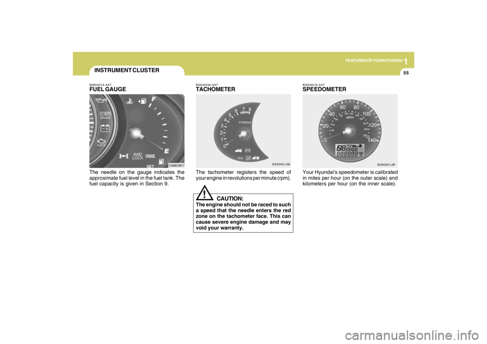 HYUNDAI TUCSON 2009 Repair Manual 1
FEATURES OF YOUR HYUNDAI
55
B280A01A-AATFUEL GAUGEThe needle on the gauge indicates the
approximate fuel level in the fuel tank. The
fuel capacity is given in Section 9.INSTRUMENT CLUSTER
OJM019017B HYUNDAI TUCSON 2009 Repair Manual 1
FEATURES OF YOUR HYUNDAI
55
B280A01A-AATFUEL GAUGEThe needle on the gauge indicates the
approximate fuel level in the fuel tank. The
fuel capacity is given in Section 9.INSTRUMENT CLUSTER
OJM019017B