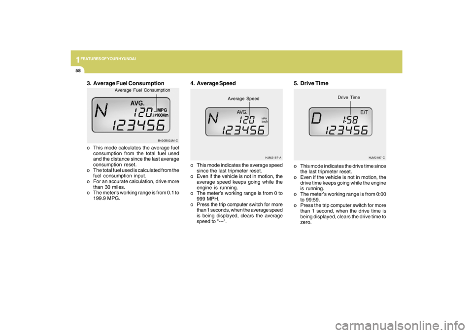 HYUNDAI TUCSON 2009 Repair Manual 1FEATURES OF YOUR HYUNDAI58
3. Average Fuel Consumptiono This mode calculates the average fuel
consumption from the total fuel used
and the distance since the last average
consumption reset.
o The tot HYUNDAI TUCSON 2009 Repair Manual 1FEATURES OF YOUR HYUNDAI58
3. Average Fuel Consumptiono This mode calculates the average fuel
consumption from the total fuel used
and the distance since the last average
consumption reset.
o The tot