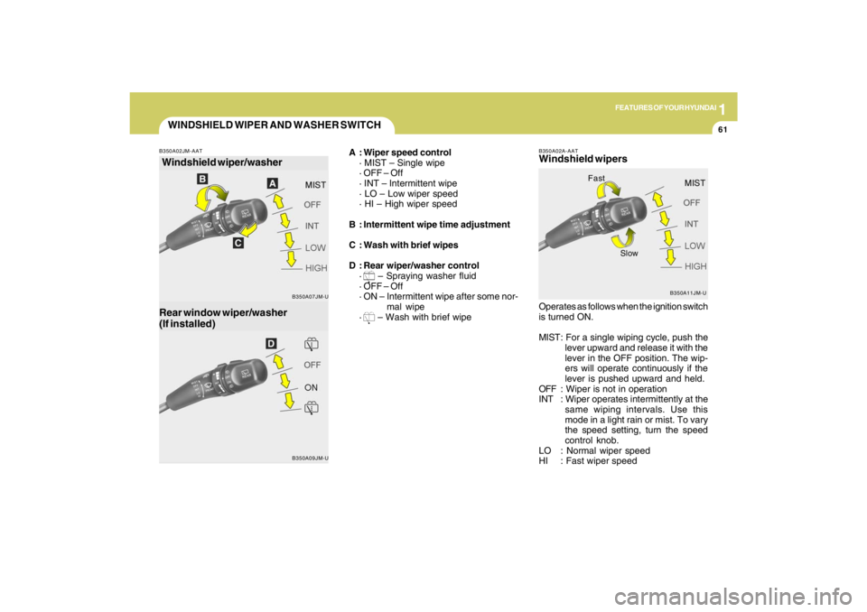 HYUNDAI TUCSON 2009 Manual PDF 1
FEATURES OF YOUR HYUNDAI
61
WINDSHIELD WIPER AND WASHER SWITCH
A : Wiper speed control
· MIST – Single wipe
· OFF – Off
· INT – Intermittent wipe
· LO – Low wiper speed
· HI – High wi