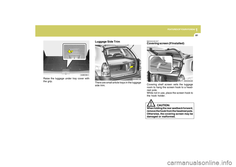 HYUNDAI TUCSON 2009  Owners Manual 1
FEATURES OF YOUR HYUNDAI
81
Luggage Side Trim
B545B01JM
There are small article trays in the luggage
side trim.
B655A02JM-GATCovering screen (If Installed)Covering shelf screen veils the luggage
roo