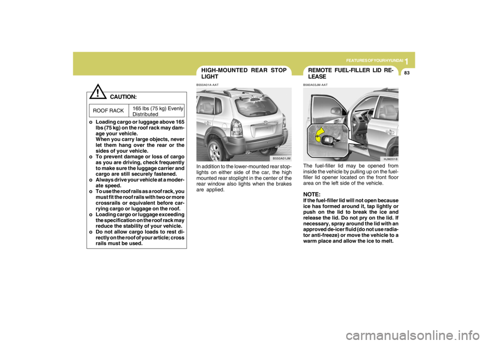 HYUNDAI TUCSON 2009  Owners Manual 1
FEATURES OF YOUR HYUNDAI
83
!
HIGH-MOUNTED REAR STOP
LIGHTB550A01A-AATIn addition to the lower-mounted rear stop-
lights on either side of the car, the high
mounted rear stoplight in the center of t