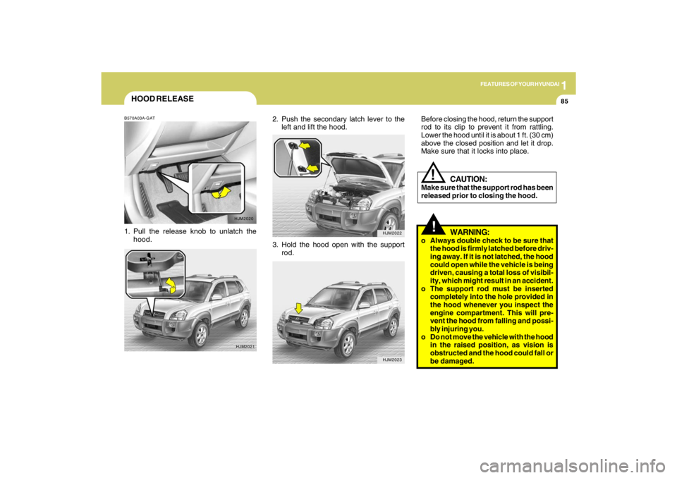 HYUNDAI TUCSON 2009  Owners Manual 1
FEATURES OF YOUR HYUNDAI
85
2. Push the secondary latch lever to the
left and lift the hood.
HJM2022HJM2023
HOOD RELEASEB570A03A-GAT1. Pull the release knob to unlatch the
hood.
HJM2020
HJM2021
3. H