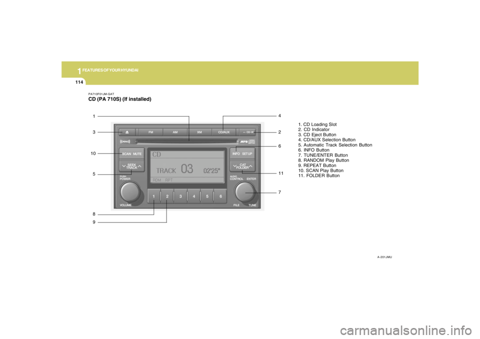 HYUNDAI TUCSON 2008 Owners Manual 1FEATURES OF YOUR HYUNDAI
114
PA710F01JM-GATCD (PA 710S) (If installed)
A-201JMU
1. CD Loading Slot
2. CD Indicator
3. CD Eject Button
4. CD/AUX Selection Button
5. Automatic Track Selection Button
6. HYUNDAI TUCSON 2008 Owners Manual 1FEATURES OF YOUR HYUNDAI
114
PA710F01JM-GATCD (PA 710S) (If installed)
A-201JMU
1. CD Loading Slot
2. CD Indicator
3. CD Eject Button
4. CD/AUX Selection Button
5. Automatic Track Selection Button
6.