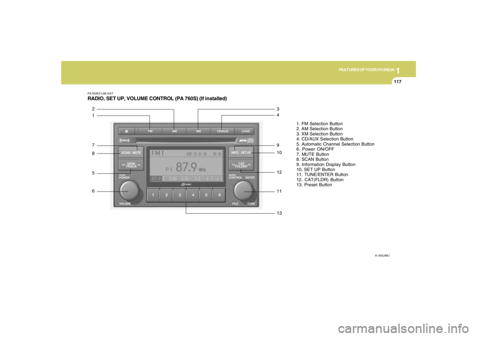 HYUNDAI TUCSON 2008 Owners Manual 1
FEATURES OF YOUR HYUNDAI
117117117117117
PA760E01JM-GATRADIO, SET UP, VOLUME CONTROL (PA 760S) (If installed)
A-300JMU
1. FM Selection Button
2. AM Selection Button
3. XM Selection Button
4. CD/AUX HYUNDAI TUCSON 2008 Owners Manual 1
FEATURES OF YOUR HYUNDAI
117117117117117
PA760E01JM-GATRADIO, SET UP, VOLUME CONTROL (PA 760S) (If installed)
A-300JMU
1. FM Selection Button
2. AM Selection Button
3. XM Selection Button
4. CD/AUX