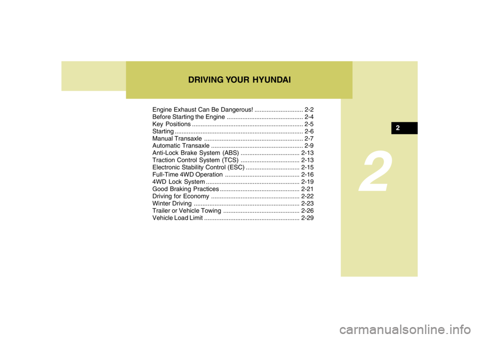 HYUNDAI TUCSON 2008 Owners Manual DRIVING YOUR HYUNDAI
2
Engine Exhaust Can Be Dangerous! ............................ 2-2
Before Starting the Engine ............................................ 2-4
Key Positions .................... HYUNDAI TUCSON 2008 Owners Manual DRIVING YOUR HYUNDAI
2
Engine Exhaust Can Be Dangerous! ............................ 2-2
Before Starting the Engine ............................................ 2-4
Key Positions ....................