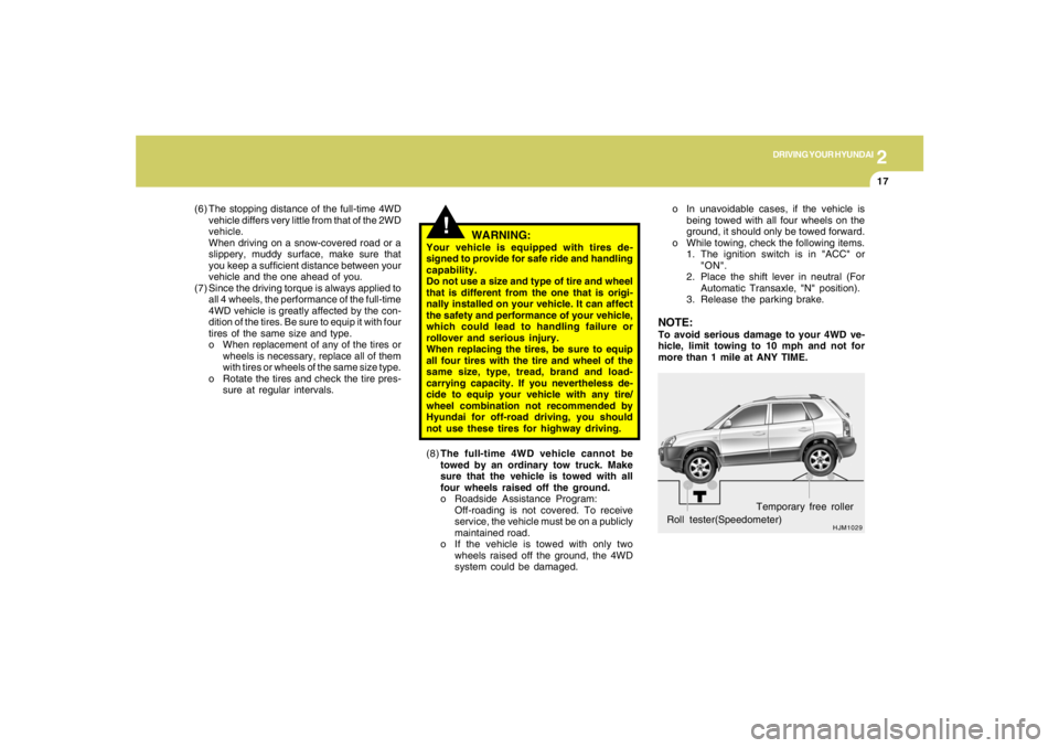 HYUNDAI TUCSON 2008 Owners Manual 2
DRIVING YOUR HYUNDAI
17
HJM1029
Roll tester(Speedometer)Temporary free roller o In unavoidable cases, if the vehicle is
being towed with all four wheels on the
ground, it should only be towed forwar HYUNDAI TUCSON 2008 Owners Manual 2
DRIVING YOUR HYUNDAI
17
HJM1029
Roll tester(Speedometer)Temporary free roller o In unavoidable cases, if the vehicle is
being towed with all four wheels on the
ground, it should only be towed forwar
