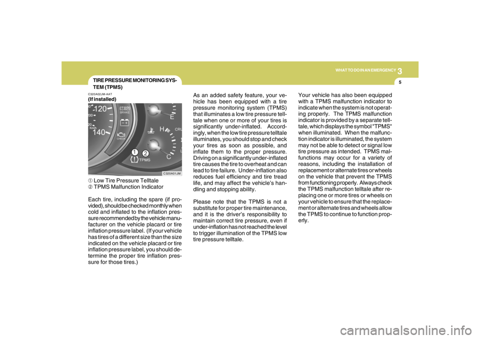 HYUNDAI TUCSON 2008 Owners Manual 3
WHAT TO DO IN AN EMERGENCY
5
TIRE PRESSURE MONITORING SYS-
TEM (TPMS)
C320A01JM C320A02JM-AAT
(If installed)➀ Low Tire Pressure Telltale
➁ TPMS Malfunction Indicator
Each tire, including the spa HYUNDAI TUCSON 2008 Owners Manual 3
WHAT TO DO IN AN EMERGENCY
5
TIRE PRESSURE MONITORING SYS-
TEM (TPMS)
C320A01JM C320A02JM-AAT
(If installed)➀ Low Tire Pressure Telltale
➁ TPMS Malfunction Indicator
Each tire, including the spa