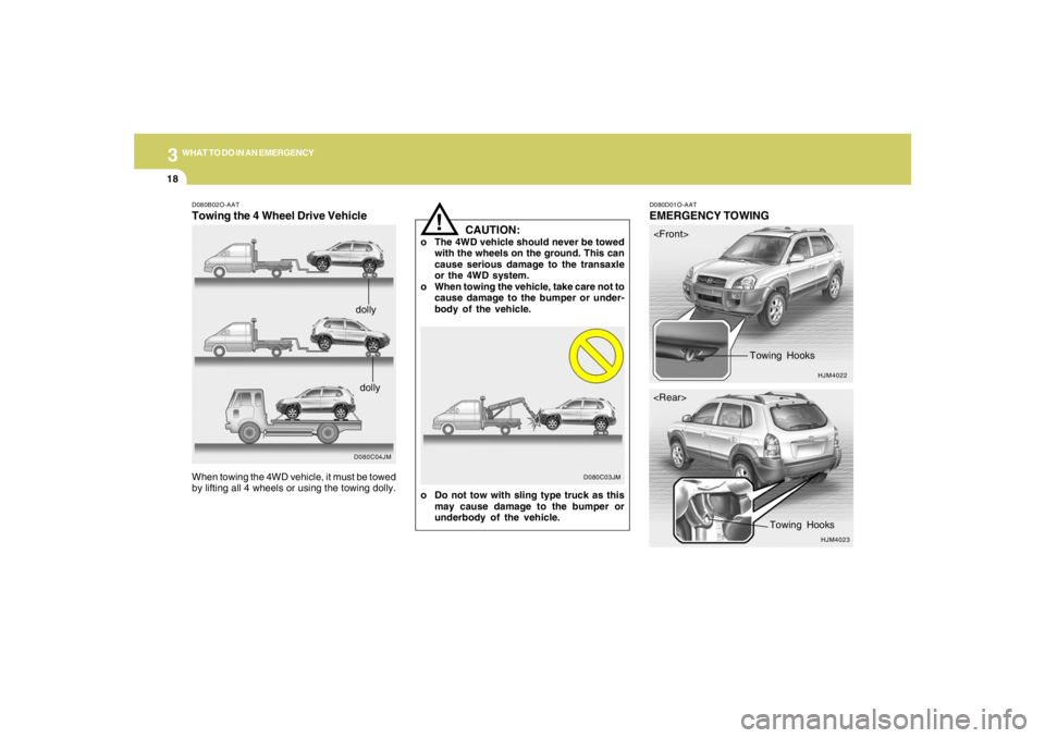 HYUNDAI TUCSON 2008 Owners Manual 318
WHAT TO DO IN AN EMERGENCY
D080D01O-AATEMERGENCY TOWING
HJM4022
HJM4023
<Front>
<Rear>
Towing Hooks
Towing Hooks
D080B02O-AATTowing the 4 Wheel Drive Vehicle
D080C04JMdollydolly
When towing the 4W HYUNDAI TUCSON 2008 Owners Manual 318
WHAT TO DO IN AN EMERGENCY
D080D01O-AATEMERGENCY TOWING
HJM4022
HJM4023
<Front>
<Rear>
Towing Hooks
Towing Hooks
D080B02O-AATTowing the 4 Wheel Drive Vehicle
D080C04JMdollydolly
When towing the 4W