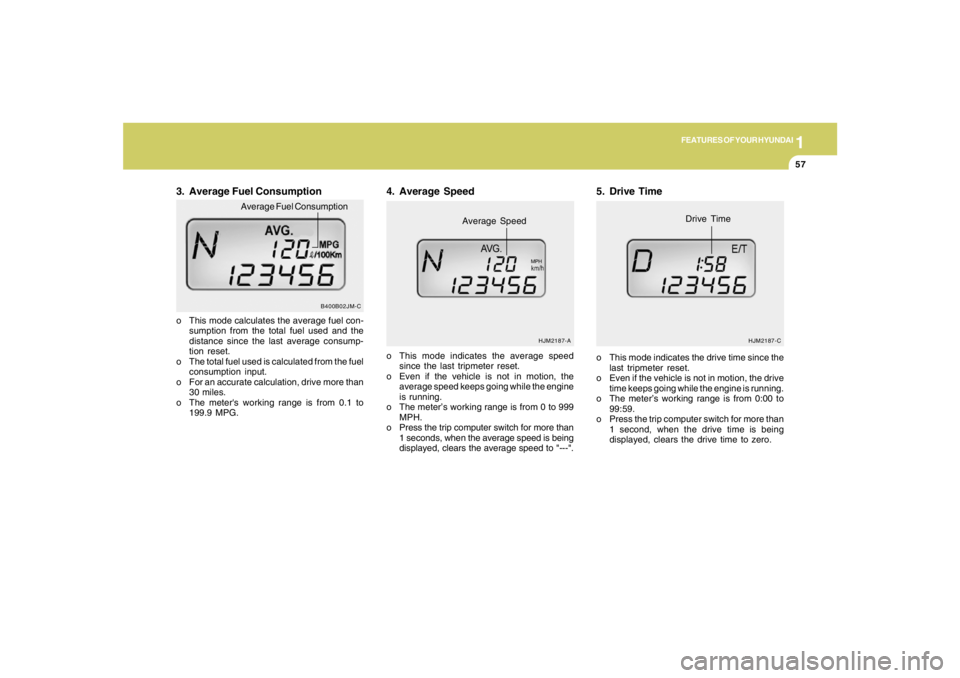 HYUNDAI TUCSON 2008 Repair Manual 1
FEATURES OF YOUR HYUNDAI
57
3. Average Fuel Consumptiono This mode calculates the average fuel con-
sumption from the total fuel used and the
distance since the last average consump-
tion reset.
o T HYUNDAI TUCSON 2008 Repair Manual 1
FEATURES OF YOUR HYUNDAI
57
3. Average Fuel Consumptiono This mode calculates the average fuel con-
sumption from the total fuel used and the
distance since the last average consump-
tion reset.
o T