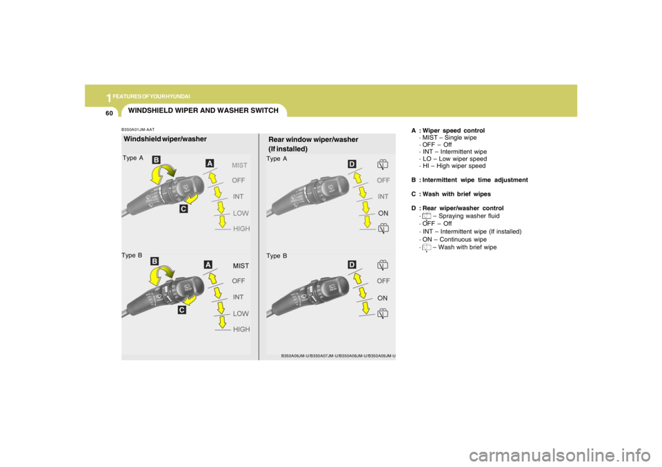 HYUNDAI TUCSON 2008 Manual PDF 1FEATURES OF YOUR HYUNDAI60
WINDSHIELD WIPER AND WASHER SWITCH
Rear window wiper/washer
(If installed)
A : Wiper speed control
· MIST – Single wipe
· OFF – Off
· INT – Intermittent wipe
· LO HYUNDAI TUCSON 2008 Manual PDF 1FEATURES OF YOUR HYUNDAI60
WINDSHIELD WIPER AND WASHER SWITCH
Rear window wiper/washer
(If installed)
A : Wiper speed control
· MIST – Single wipe
· OFF – Off
· INT – Intermittent wipe
· LO