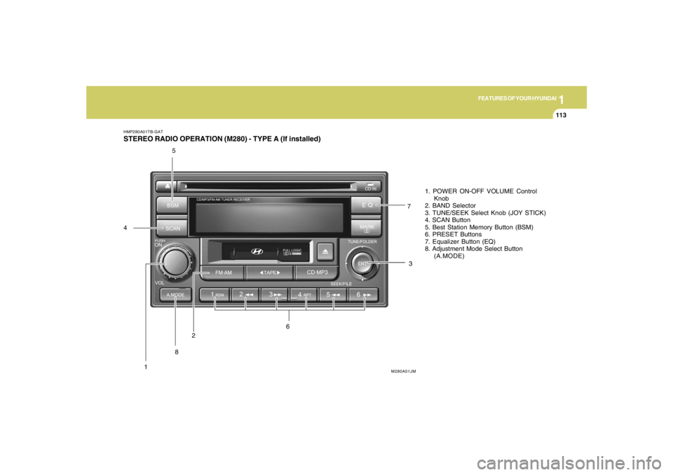 HYUNDAI TUCSON 2007 Owners Manual 1
FEATURES OF YOUR HYUNDAI
113113113113113
HMP280A01TB-GATSTEREO RADIO OPERATION (M280) - TYPE A (If installed)
12
M280A01JM
3 45
671. POWER ON-OFF VOLUME Control
Knob
2. BAND Selector
3. TUNE/SEEK Se HYUNDAI TUCSON 2007 Owners Manual 1
FEATURES OF YOUR HYUNDAI
113113113113113
HMP280A01TB-GATSTEREO RADIO OPERATION (M280) - TYPE A (If installed)
12
M280A01JM
3 45
671. POWER ON-OFF VOLUME Control
Knob
2. BAND Selector
3. TUNE/SEEK Se
