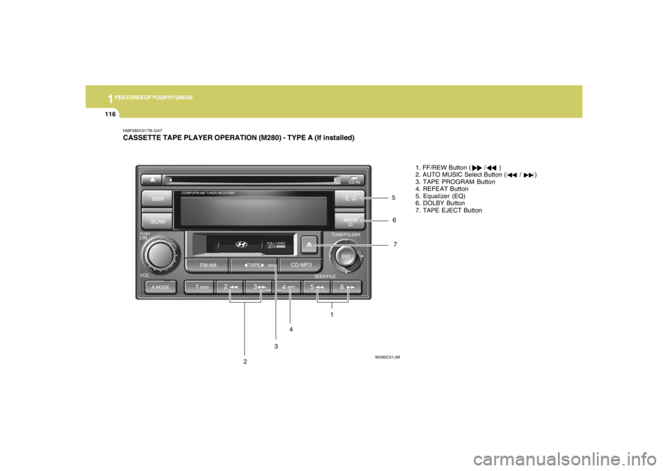 HYUNDAI TUCSON 2007 Owners Manual 1FEATURES OF YOUR HYUNDAI
116
7
1
HMP280C01TB-GATCASSETTE TAPE PLAYER OPERATION (M280) - TYPE A (If installed)
M280C01JM
2345
6
1. FF/REW Button ( / )
2. AUTO MUSIC Select Button ( / HYUNDAI TUCSON 2007 Owners Manual 1FEATURES OF YOUR HYUNDAI
116
7
1
HMP280C01TB-GATCASSETTE TAPE PLAYER OPERATION (M280) - TYPE A (If installed)
M280C01JM
2345
6
1. FF/REW Button ( / )
2. AUTO MUSIC Select Button ( /