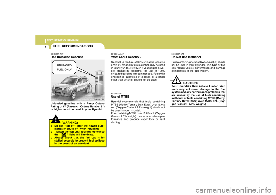 HYUNDAI TUCSON 2007  Owners Manual 1FEATURES OF YOUR HYUNDAI2
!
B010A01JM
FUEL RECOMMENDATIONS
CAUTION:
Your Hyundais New Vehicle Limited War-
ranty may not cover damage to the fuel
system and any performance problems that
are caused 