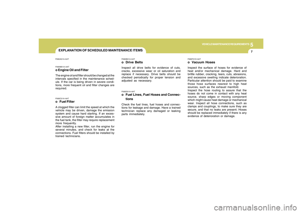 HYUNDAI TUCSON 2006  Owners Manual 5
VEHICLE MAINTENANCE REQUIREMENTS
7
F060D01A-AATo Fuel Lines, Fuel Hoses and Connec-
tionsCheck the fuel lines, fuel hoses and connec-
tions for leakage and damage. Have a trained
technician replace 