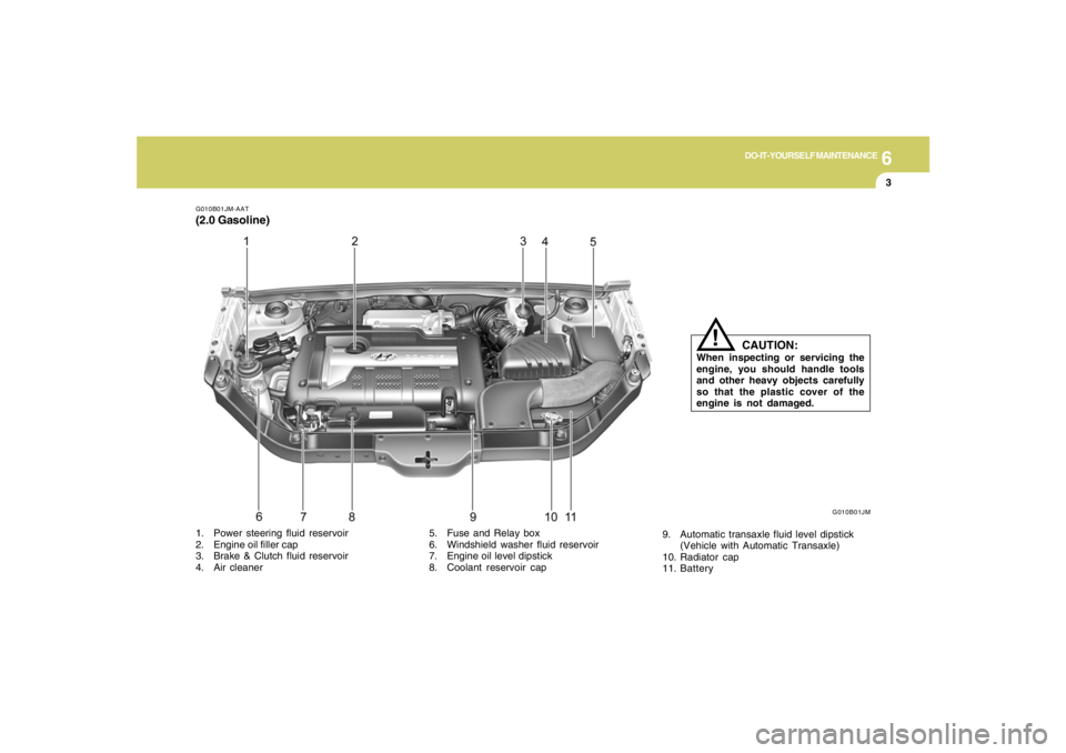 HYUNDAI TUCSON 2006  Owners Manual 6
DO-IT-YOURSELF MAINTENANCE
3
G010B01JM-AAT(2.0 Gasoline)
G010B01JM
1. Power steering fluid reservoir
2. Engine oil filler cap
3. Brake & Clutch fluid reservoir
4. Air cleaner5. Fuse and Relay box
6.