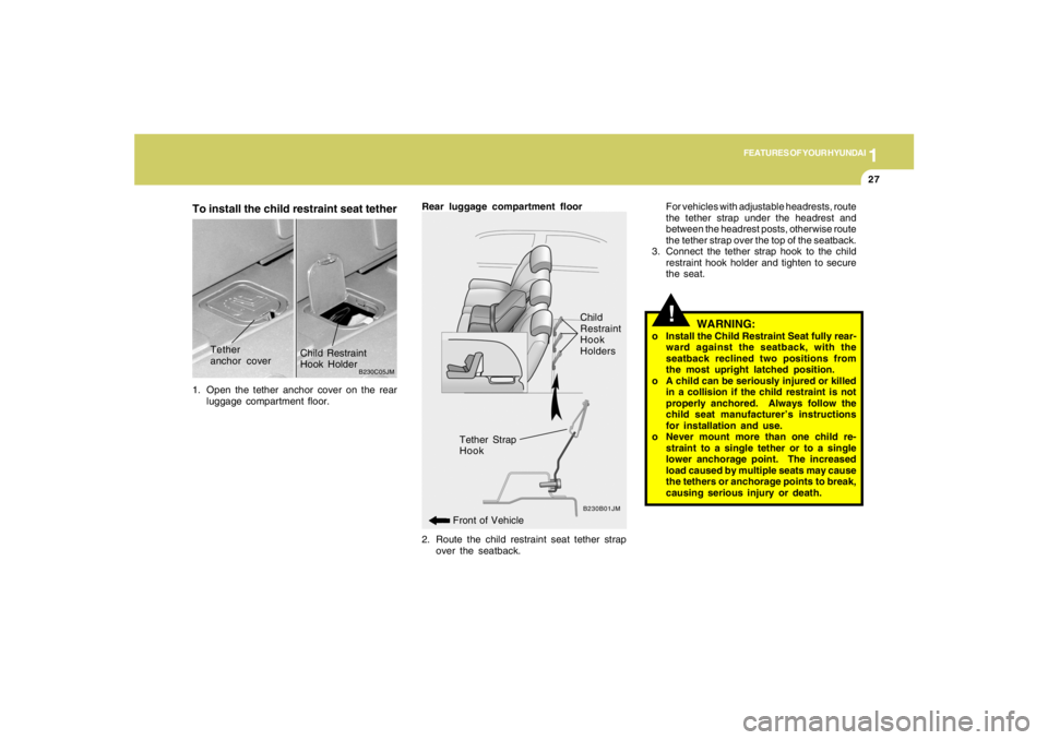 HYUNDAI TUCSON 2006 Owners Guide 1
FEATURES OF YOUR HYUNDAI
27
To install the child restraint seat tether1. Open the tether anchor cover on the rear
luggage compartment floor.
B230C05JM
Tether
anchor coverChild Restraint
Hook Holder
HYUNDAI TUCSON 2006 Owners Guide 1
FEATURES OF YOUR HYUNDAI
27
To install the child restraint seat tether1. Open the tether anchor cover on the rear
luggage compartment floor.
B230C05JM
Tether
anchor coverChild Restraint
Hook Holder