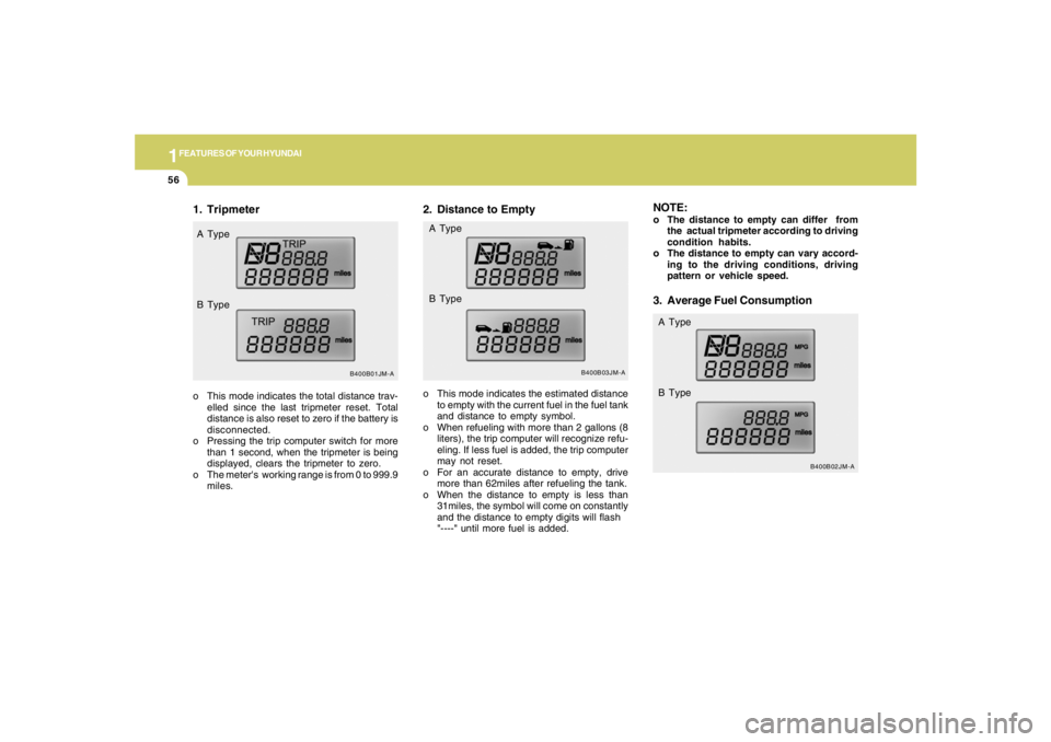 HYUNDAI TUCSON 2006 Repair Manual 1FEATURES OF YOUR HYUNDAI56
B400B02JM-A
NOTE:o The distance to empty can differ from
the actual tripmeter according to driving
condition habits.
o The distance to empty can vary accord-
ing to the d HYUNDAI TUCSON 2006 Repair Manual 1FEATURES OF YOUR HYUNDAI56
B400B02JM-A
NOTE:o The distance to empty can differ from
the actual tripmeter according to driving
condition habits.
o The distance to empty can vary accord-
ing to the d