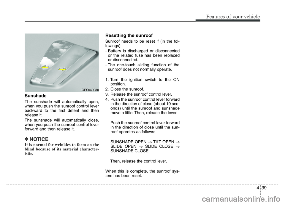 HYUNDAI VELOSTER TURBO 2016 Owners Manual 439
Features of your vehicle
Sunshade
The sunshade will automatically open,
when you push the sunroof control lever
backward to the first detent and then
release it.
The sunshade will automatically cl HYUNDAI VELOSTER TURBO 2016 Owners Manual 439
Features of your vehicle
Sunshade
The sunshade will automatically open,
when you push the sunroof control lever
backward to the first detent and then
release it.
The sunshade will automatically cl