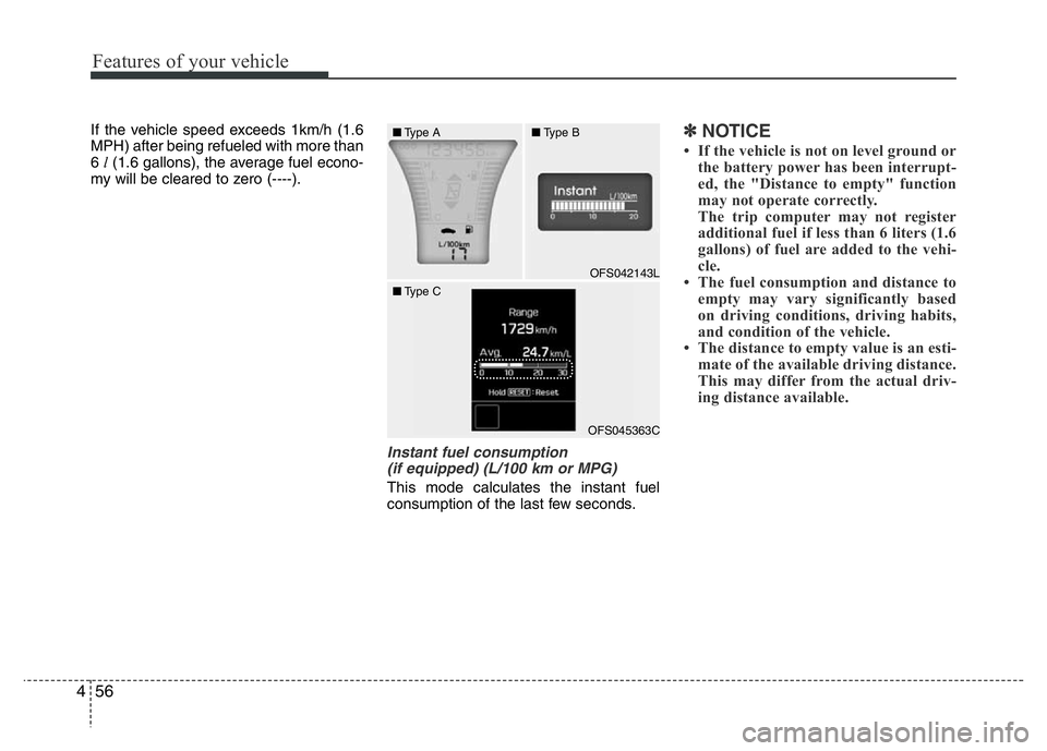 HYUNDAI VELOSTER TURBO 2016  Owners Manual Features of your vehicle
56 4
If the vehicle speed exceeds 1km/h (1.6
MPH) after being refueled with more than
6 l(1.6 gallons), the average fuel econo-
my will be cleared to zero (----).
Instant fuel