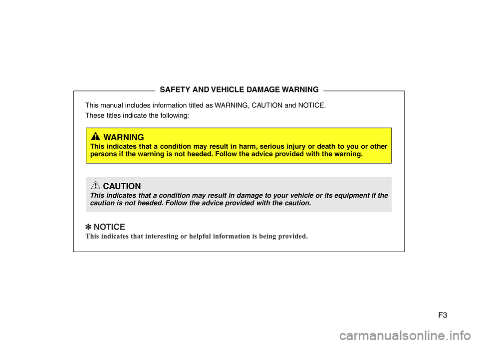 HYUNDAI VELOSTER TURBO 2016 Owners Manual F3
This manual includes information titled as WARNING, CAUTION and NOTICE.
These titles indicate the following:
✽ NOTICE
This indicates that interesting or helpful information is being provided.
SAF HYUNDAI VELOSTER TURBO 2016 Owners Manual F3
This manual includes information titled as WARNING, CAUTION and NOTICE.
These titles indicate the following:
✽ NOTICE
This indicates that interesting or helpful information is being provided.
SAF