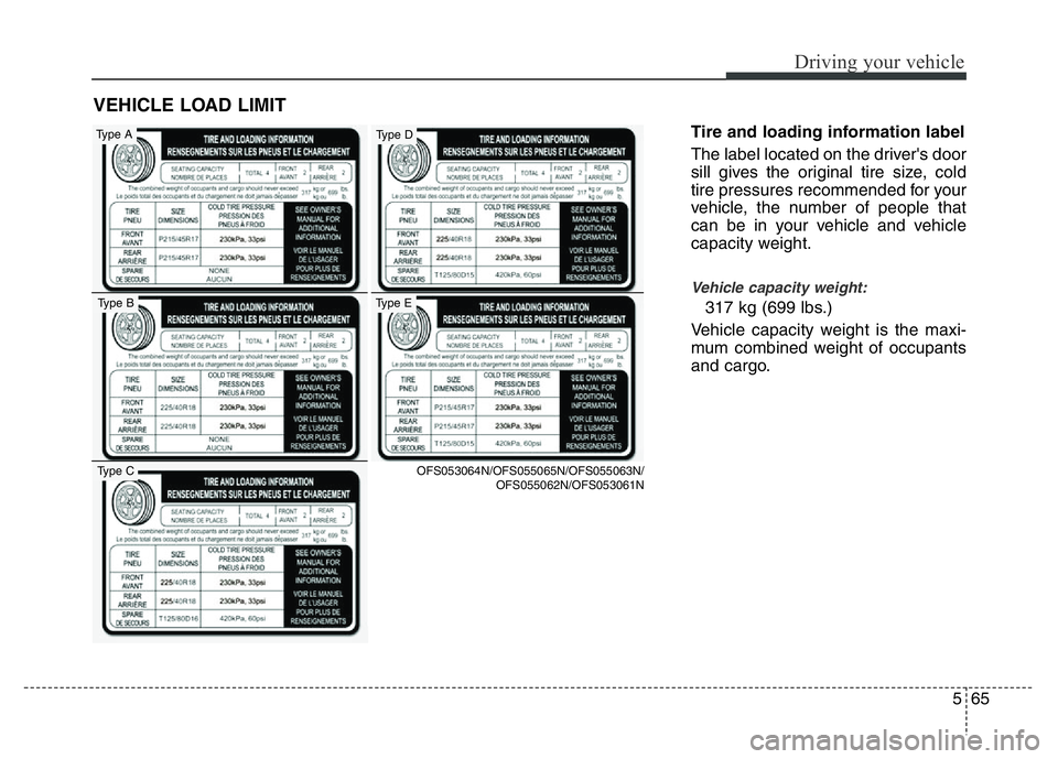 HYUNDAI VELOSTER TURBO 2016  Owners Manual 565
Driving your vehicle
Tire and loading information label
The label located on the driver's door
sill gives the original tire size, cold
tire pressures recommended for your
vehicle, the number o