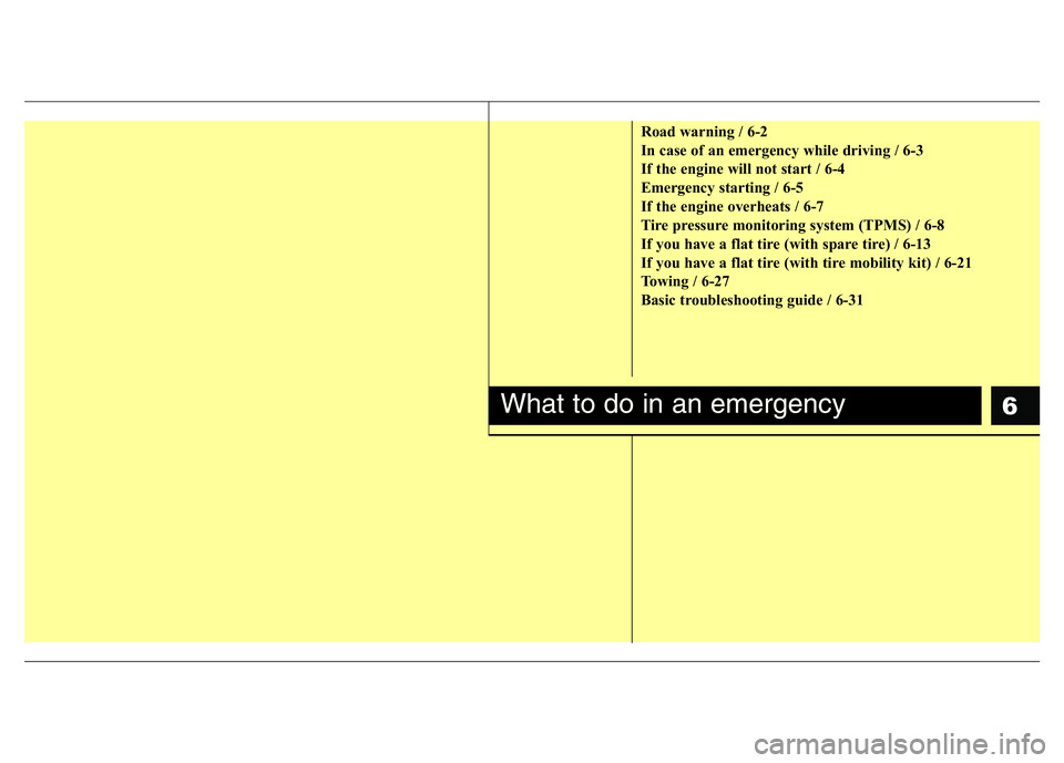 HYUNDAI VELOSTER TURBO 2016  Owners Manual 6
Road warning / 6-2
In case of an emergency while driving / 6-3
If the engine will not start / 6-4
Emergency starting / 6-5
If the engine overheats / 6-7
Tire pressure monitoring system (TPMS) / 6-8

