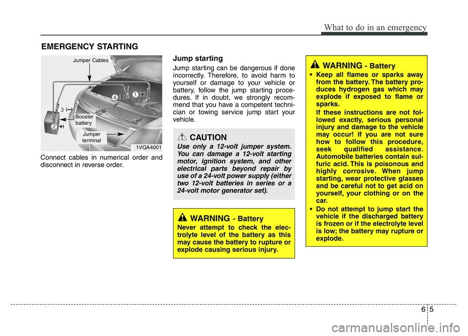 HYUNDAI VELOSTER TURBO 2016  Owners Manual 65
What to do in an emergency
EMERGENCY STARTING
Connect cables in numerical order and
disconnect in reverse order.
Jump starting  
Jump starting can be dangerous if done
incorrectly. Therefore, to av