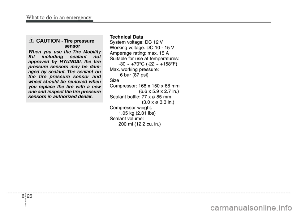 HYUNDAI VELOSTER TURBO 2016  Owners Manual What to do in an emergency
26 6
Technical Data
System voltage: DC 12 V
Working voltage: DC 10 - 15 V
Amperage rating: max. 15 A
Suitable for use at temperatures:
-30 ~ +70°C (-22 ~ +158°F)
Max. work