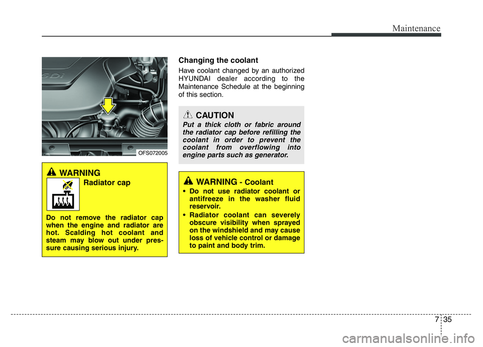 HYUNDAI VELOSTER TURBO 2016 Owners Manual 735
Maintenance
Changing the coolant
Have coolant changed by an authorized
HYUNDAI dealer according to the
Maintenance Schedule at the beginning
of this section.
WARNING
Radiator cap
Do not remove the HYUNDAI VELOSTER TURBO 2016 Owners Manual 735
Maintenance
Changing the coolant
Have coolant changed by an authorized
HYUNDAI dealer according to the
Maintenance Schedule at the beginning
of this section.
WARNING
Radiator cap
Do not remove the