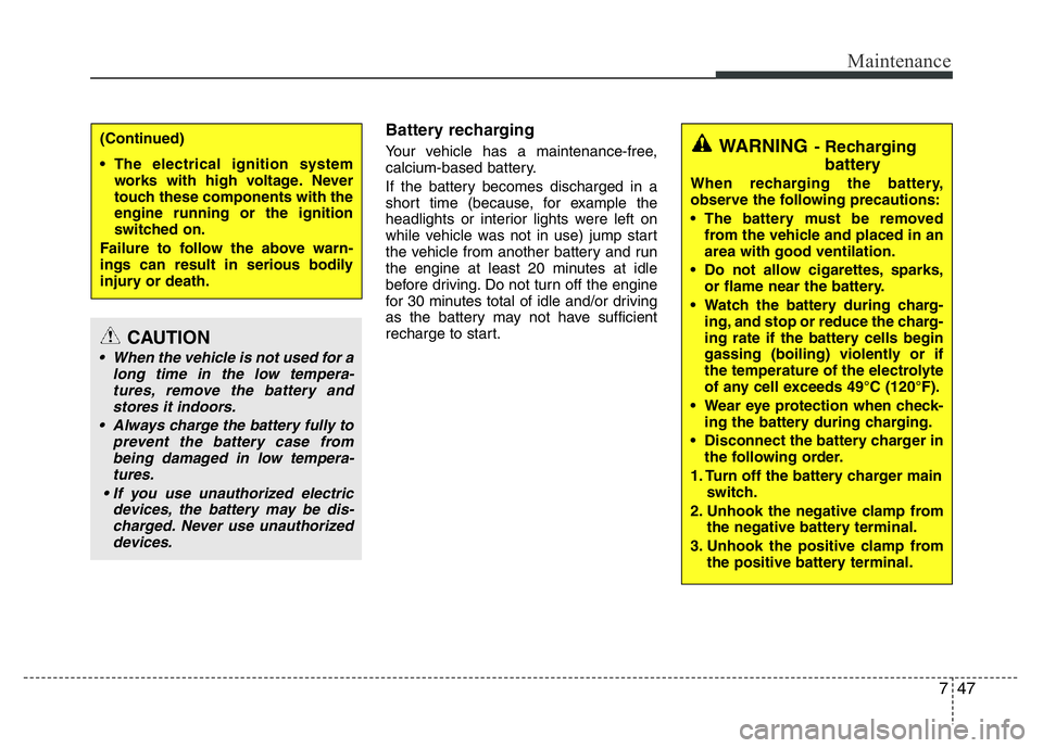 HYUNDAI VELOSTER TURBO 2016 Owners Manual 747
Maintenance
Battery recharging
Your vehicle has a maintenance-free,
calcium-based battery.
If the battery becomes discharged in a
short time (because, for example the
headlights or interior ligh HYUNDAI VELOSTER TURBO 2016 Owners Manual 747
Maintenance
Battery recharging
Your vehicle has a maintenance-free,
calcium-based battery.
If the battery becomes discharged in a
short time (because, for example the
headlights or interior ligh
