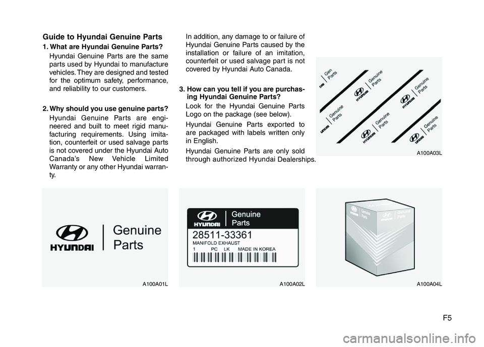 HYUNDAI VELOSTER TURBO 2016 Owners Manual F5 Guide to Hyundai Genuine Parts
1. What are Hyundai Genuine Parts?
Hyundai Genuine Parts are the same
parts used by Hyundai to manufacture
vehicles. They are designed and tested
for the optimum safe HYUNDAI VELOSTER TURBO 2016 Owners Manual F5 Guide to Hyundai Genuine Parts
1. What are Hyundai Genuine Parts?
Hyundai Genuine Parts are the same
parts used by Hyundai to manufacture
vehicles. They are designed and tested
for the optimum safe