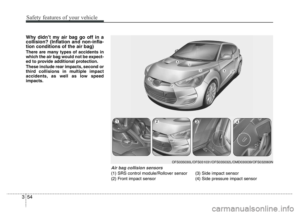 HYUNDAI VELOSTER TURBO 2016 Owners Manual Safety features of your vehicle
54 3
Why didn’t my air bag go off in a
collision? (Inflation and non-infla-
tion conditions of the air bag)
There are many types of accidents in
which the air bag wou HYUNDAI VELOSTER TURBO 2016 Owners Manual Safety features of your vehicle
54 3
Why didn’t my air bag go off in a
collision? (Inflation and non-infla-
tion conditions of the air bag)
There are many types of accidents in
which the air bag wou