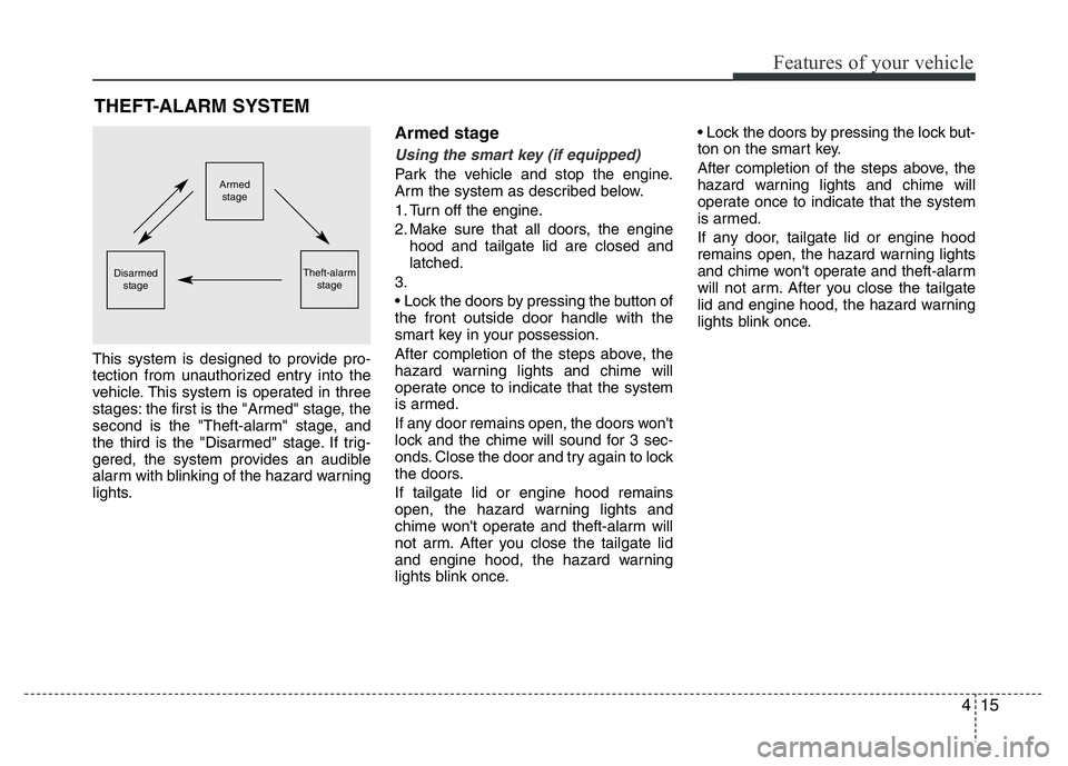 HYUNDAI VELOSTER TURBO 2016 Owners Manual 415
Features of your vehicle
THEFT-ALARM SYSTEM
This system is designed to provide pro-
tection from unauthorized entry into the
vehicle. This system is operated in three
stages: the first is the " HYUNDAI VELOSTER TURBO 2016 Owners Manual 415
Features of your vehicle
THEFT-ALARM SYSTEM
This system is designed to provide pro-
tection from unauthorized entry into the
vehicle. This system is operated in three
stages: the first is the "