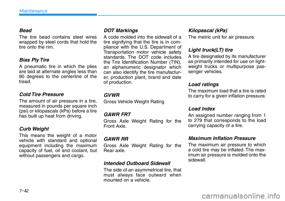 HYUNDAI VELOSTER 2022  Owners Manual 7-42
Maintenance
Bead
The tire bead contains steel wires
wrapped by steel cords that hold the
tire onto the rim.
Bias Ply Tire 
A pneumatic tire in which the plies
are laid at alternate angles less th