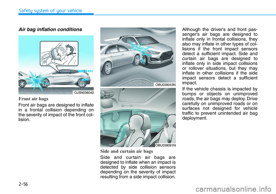 HYUNDAI VELOSTER 2022 Manual PDF 2-56
Safety system of your vehicle
Air bag inflation conditions 
Front air bags 
Front air bags are designed to inflate
in a frontal collision depending on
the severity of impact of the front col-
lis