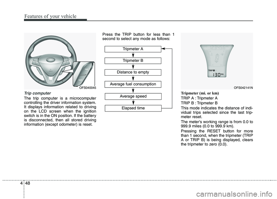 HYUNDAI VELOSTER 2013 Owners Manual Features of your vehicle
48 4
Trip computer
The trip computer is a microcomputer
controlling the driver information system.
It displays information related to driving
on the LCD screen when the igniti HYUNDAI VELOSTER 2013 Owners Manual Features of your vehicle
48 4
Trip computer
The trip computer is a microcomputer
controlling the driver information system.
It displays information related to driving
on the LCD screen when the igniti