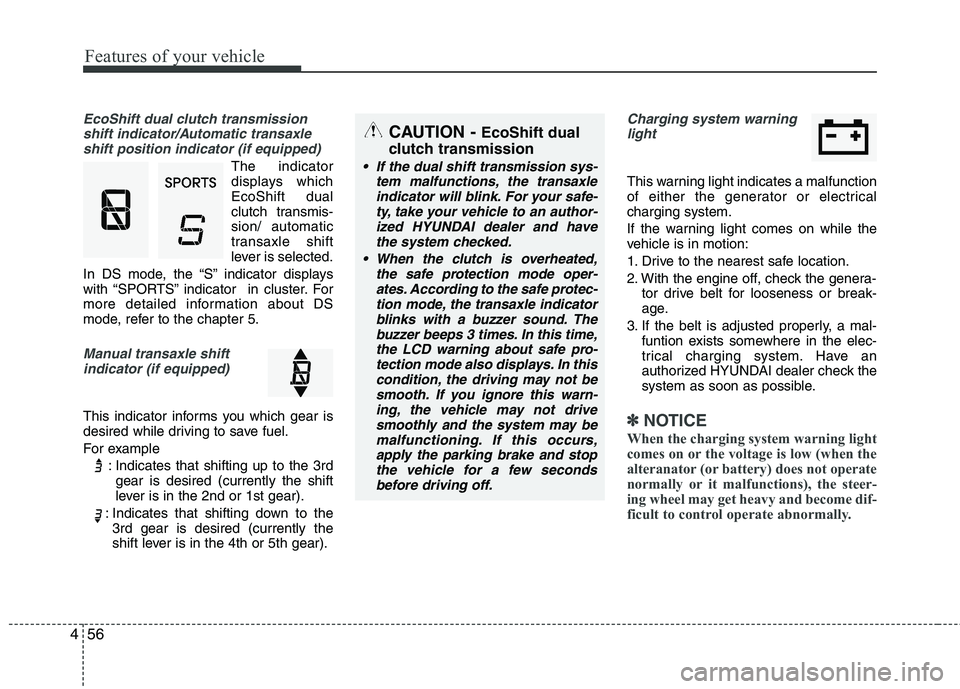 HYUNDAI VELOSTER 2013  Owners Manual Features of your vehicle
56 4
EcoShift dual clutch transmission
shift indicator/Automatic transaxle
shift position indicator (if equipped)
The indicator
displays which
EcoShift dual
clutch transmis-
s
